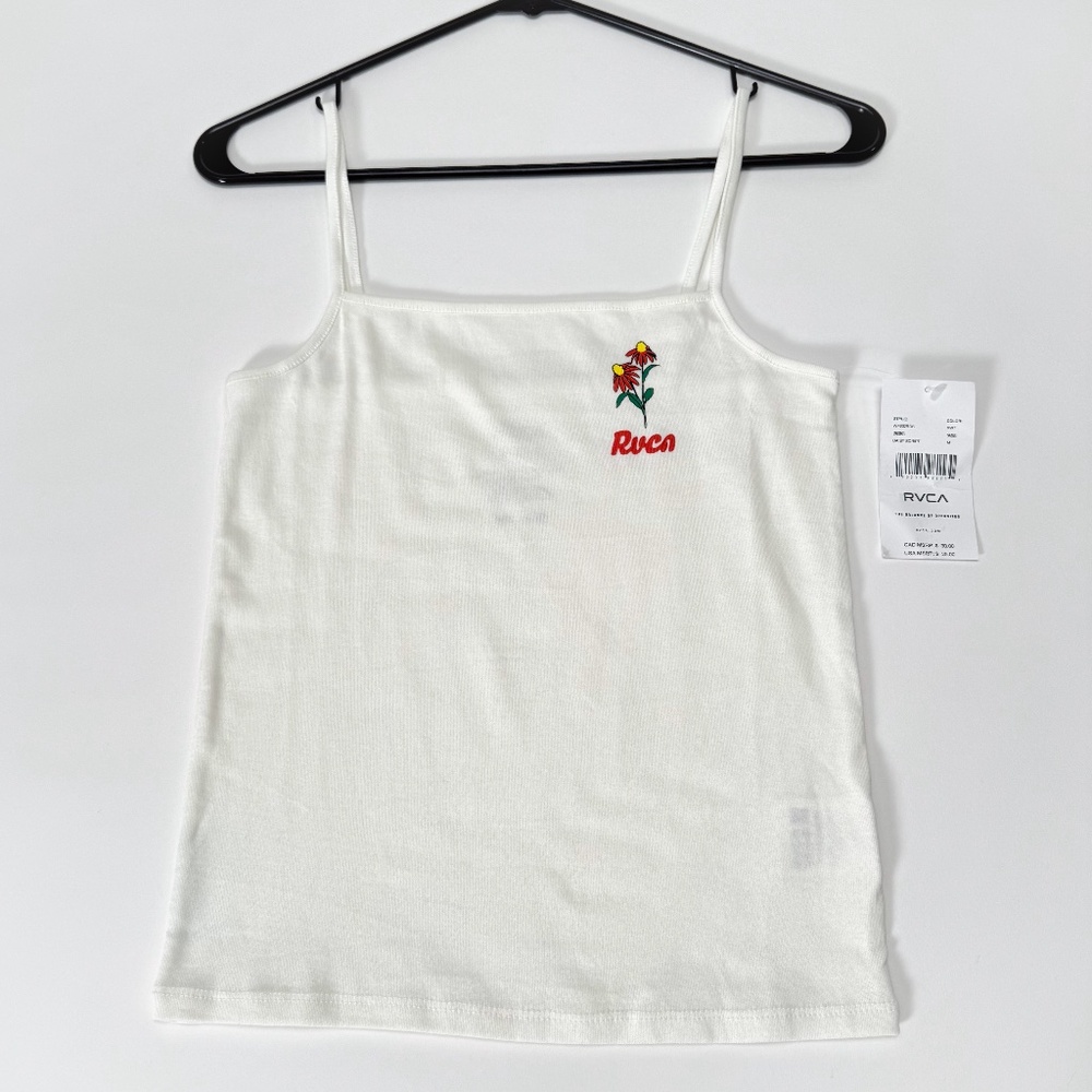 🌼 NWT RVCA Women’s Daisy Script Tank Top Medium 100% Cotton Vintage White 🌞👕✨